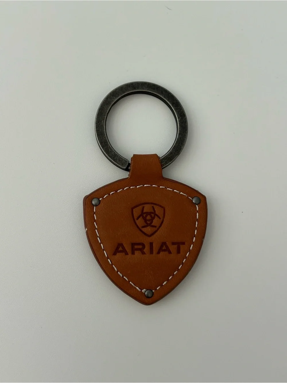 Ariat Embossed Logo Chestnut Leather Keychain 1993 Stamped Metal Key Ring Cowboy